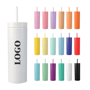 Custom Logo 16oz Plastic Skinny Tumbler Cups with Various Colors Stocked BPA Free 16 oz Plastic Water Cup with lid and Straw