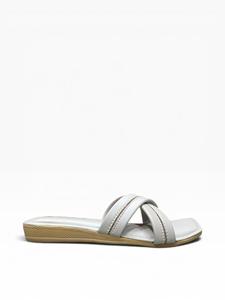 Womens White Glitter Cross Strap <b>Flat</b> Sandals Open <b>Toe</b> Slip On Casual Party Fashion Footwear for Ladies White PU Cross Strap - Product Image 3