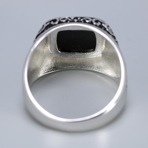 Vintage Punk argento 925 Tugra ottomana uomini turchi anelli quadrati di pietra nera per gli uomini incisi fiori retrò - Product Image 5