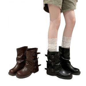 रेट्रो ब्रिटिश शैली महिलाओं के घुटने-उच्च मंच उच्च एड़ी चमड़े के जूते बकसुआ हल्के फ्लैट डिजाइन रबर पू - Product Image 1