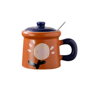 Retro gốm Mug với nắp và muỗng cà phê sữa trà nước trái cây cốc nước nhà cà phê cửa hàng công ty Đảng Quà Tặng