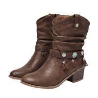Bottes de cowboy western mi-mollet à talon épais avec sangles, pampilles ornées de pierres, fermeture à enfiler, grande taille, pour femme, rehaussantes, hiver
