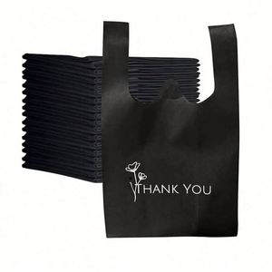 Bolsas de supermercado reciclables y lavables de tela no tejida negras con corte en W para camisetas y chalecos, con mensaje de agradecimiento - Product Image 1