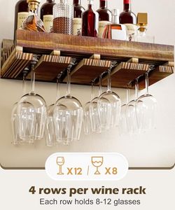 Ensemble de supports à vin muraux, 2 supports à vin <span class=keywords><strong>en</strong></span> bois de pin avec porte-verres, étagères flottantes de <span class=keywords><strong>bar</strong></span> rustiques de style ferme - Product Image 6