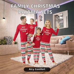 Conjunto de Pijamas Familiares Navideños Rojos de Manga Larga, Transpirables, Casuales, con Cintura Elástica y Eslogan Festivo - Product Image 2
