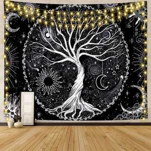 Tapisserie murale Pure Life Tree en noir et blanc, style hippie, arbre généalogique, pour chambre ou salon - Product Image 1