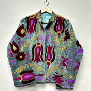 Bohemian Gray <b>Velvet</b> Suzani Embroidered <b>Jacket</b> with Floral Pattern Full Sleeve Stand Collar <b>Women's</b> Winter Outerwear - Product Image 1