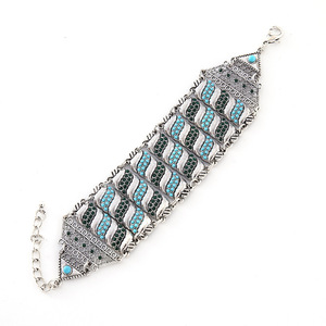 Bracciale Rigido Largo in Stile Etnico con <span class=keywords><strong>Perline</strong></span> Argento Blu e Rosso Vino <span class=keywords><strong>per</strong></span> Donne, Cornice in Metallo Retrò Anticato - Product Image 5
