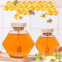 Vente en gros de pots à miel hexagonaux en bois de luxe de 100 g, 220 g, 380 g, pot à miel en verre avec distributeur