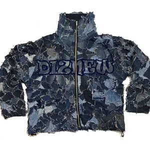DIZNEW streetwear toptan ceket homme özel logo baskı rahat moda denim ceket vintage patchwork erkek kot ceketler