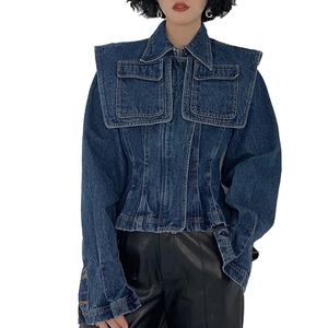 Novedades: Chaqueta vaquera corta ajustada de manga larga con solapa azul y bolsillos para mujer - Product Image 4