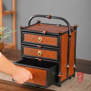 Bamboo <b>Tea</b> Cabinet Lacquered Three Tier Portable Storage <b>Box</b> Chinese Style Desktop Organizer - Product Image 4