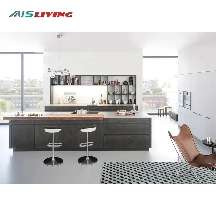 AIS Living European Style Modern Designs Furniture Modular Black Melamine Island Kitchen Cabinets Made In China