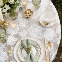 Nappe ronde en polyester anti-poussière haut de gamme avec dentelle florale européenne, chemin de table transparent pour table à thé