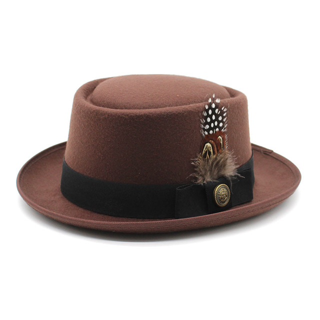 Custom Wholesale Trendy Porkpie Hat for Men Mens Wool Felt Pork Pie Fedora Hats for Women With Feather Decoration