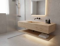 Plan de travail en pierre naturelle travertin beige avec lavabo simple trou pour salle de bain, facile à nettoyer, accessoire de présentation en pierre calcaire cosmétique