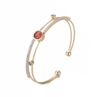 Nuevo Brazalete Abierto de Doble Capa con Incrustaciones de Piedras Preciosas y Extremo de Bola de Circonita Cúbica, Envío Rápido, Brazalete de Moda
