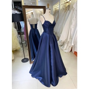 <span class=keywords><strong>Vestido</strong></span> de Noche <span class=keywords><strong>Azul</strong></span> <span class=keywords><strong>Marino</strong></span> Oscuro de Satén con Cuentas y Espalda con Cordones, Largo hasta el Suelo, Vestidos de <span class=keywords><strong>Princesa</strong></span> para Fiesta de Graduación al por Mayor - Product Image 6