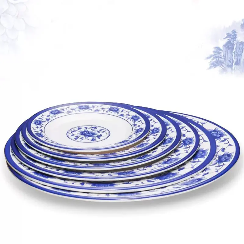 Оптовая продажа, набор фарфоровых тарелок из меламина в китайском стиле синего и белого цвета