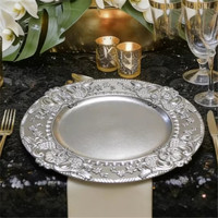 Assiettes de présentation vintage dorées en PP, réutilisables, rondes de 13 pouces, en plastique sculpté, pour la décoration de table lors de mariages, fêtes et événements