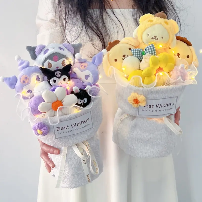 Bouquets d'éclairage Kitty Melody Cinnamoroll Kuromi Jouets en peluche Stitch Stitch Strawberry Teddy Bear Rabbit Hugging Bucket Gift