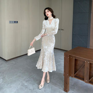 Vestido Maxi de Otoño con Cuello en V y Estilo Sirena para Mujer, Vestido de Encaje Estilo Imperio - Product Image 5