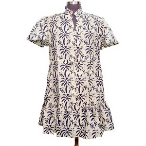 Nouvelle Arrivée Robe Trapèze Moderne en Coton Tricoté à Imprimé Floral Bohème Indien, Col en V, Manches Courtes, Boutonnée, Respirante, pour Femme de Bureau et Soirée - Product Image 1