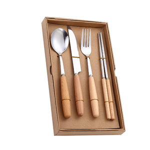 Stainless Steel Japanese Style Cutlery Set With Wooden Handle Dinnerware For Dining Eco Friendly Portable <b>Gift</b> Set - Product Image 5