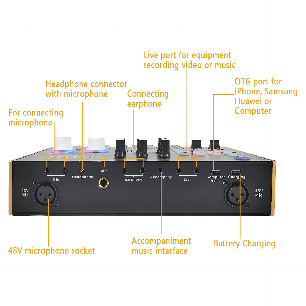 DemaoN8 Professional Live Streaming Sound Card Mixer – 48V Mic Support for PC & Mobile - View 3