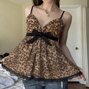 Top Corto Sexy Y2K Transpirable de Punto con Estampado de Leopardo y Detalle de Lazo, Blusa Camiseta para Mujer, Ropa de Fiesta - Product Image 2