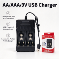 Chargeur de batterie universel AA AAA 9V USB Type-C, station de charge rapide intelligente multi-emplacements, caméra, microphone, éclairage LED, CE/ROHS
