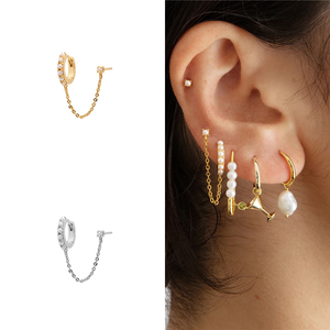 ROXI S925 Pendientes de Aro Irregulares con Cadena de Perlas Estilo Ins de Plata de Ley 18K - Product Image 5