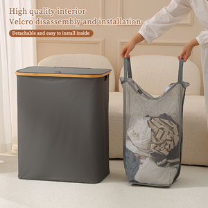 Cesto de lavandería plegable estrecho delgado para <span class=keywords><strong>ropa</strong></span>, cesto de lavandería de bambú con bolsa interior extraíble - Product Image 3