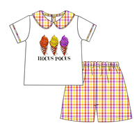 Vêtements pour enfants OEM, tenue pour filles pour Halloween, haut à col Peter Pan à volants, short à carreaux festonnés