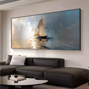 Pintura de pared de velero azul abstracto grande, arte decorativo para sala de estar, lienzo de velero enmarcado, pinturas al óleo, arte de pared - Product Image 2