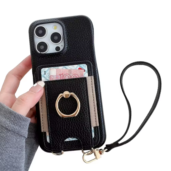 Finger Ring PU Leather Mobile Phone Case Cover with Credit Card Wallet Holder for iPhone 11 12 13 14 15 Pro Max