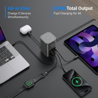 Tour de charge 6-en-1 GaN Pro 100W avec chargeur sans fil magnétique 25W + câble rétractable 65W et hub USB
