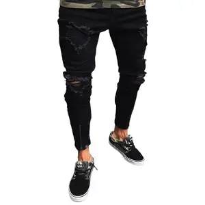 Black Ripped Stretch Jeans Custom Men's Fashion Zipper Small Foot Skinny Denim Jeans Pant for Man