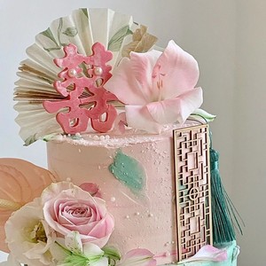 Honey And Sweetness Chinese Style Cake Decoration Acrylic Fan Wooden Insert For Wedding Cake Topper - Product Image 2