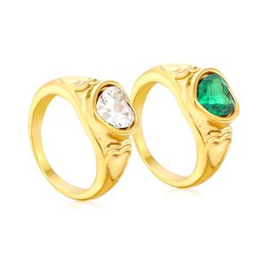 Bagues Cœur Tendance en Acier Inoxydable Plaqué Or 18K avec Zircon Blanc et Vert, Bijoux de Mariage Épais et Étanche pour Femme - Product Image 1