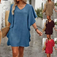 Robe décontractée d'été pour femme INS Wind, col en V, sans manches, évasée, respirante, séchage rapide, en Spandex/Polyester, taille haute, coupe trapèze