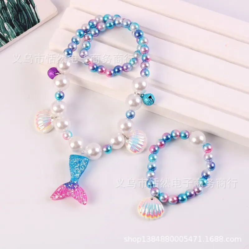 Children Necklace Mermaid Tail Pearl Necklace Bracelet Ring Earrings set girls baby jewelry factory wholesale