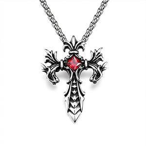Collar con Colgante de Cruz de Dios de la Guerra con Dragones Gemelos, Acero Inoxidable, Estilo Punk Hip Hop Vintage con Gema Roja - Product Image 2