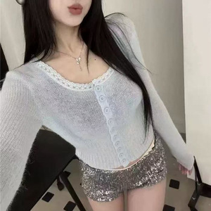 2025 Vintage kore tarzı kadın örme kazak v yaka anti-boncuklanma Polyester/pamuk için zarif ince kısa üst sonbahar için - Product Image 3