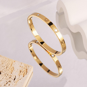 18K Gold Plated Stainless Steel Heart Zircon <b>Bangle</b> Geometric Cuff <b>Bracelet</b> for Women Gift Jewelry - Product Image 6