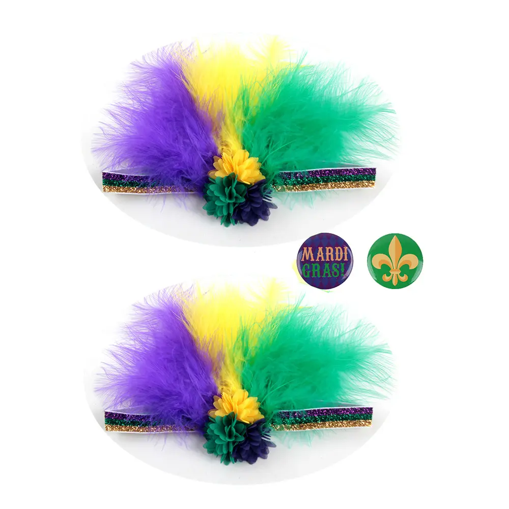 2022 New Mardi Gras Decoration Hair Accessories Green Yellow Purple Sequin Glitter Mardi Gras Headbands With Feather