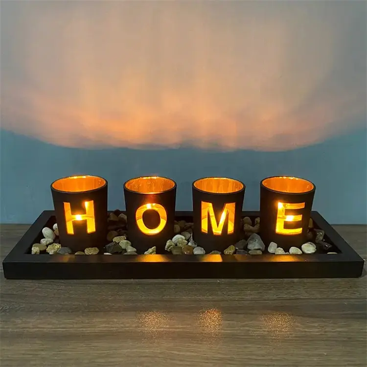 Castiçal de vidro personalizado, venda quente de letras de madeira, decoração doce, casa, folhas personalizadas, castiçal de vidro, suporte de velas para casa