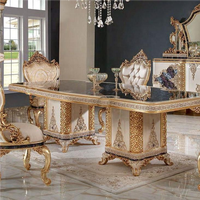 Ensemble de table et chaises de salle à manger de haute qualité, en bois massif, sculpté à la main, finition feuille d'or, forme rectangulaire, style farmhouse, cuisine
