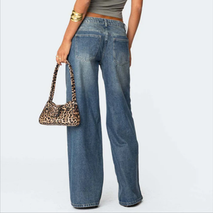 Vaqueros de mujer vintage con logo personalizado, lavado medio, cintura baja, pierna ancha, corte bootcut, holgados, estilo pantalón largo hasta el suelo, venta al por mayor - Product Image 2