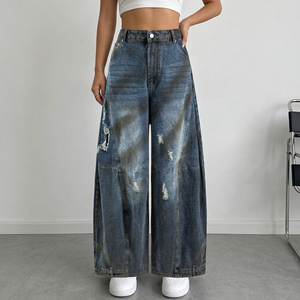 Pantalon en jean déchiré taille haute ample pour homme, grande taille, coupe décontractée, en coton, avec braguette boutonnée, style déchiré - Product Image 1